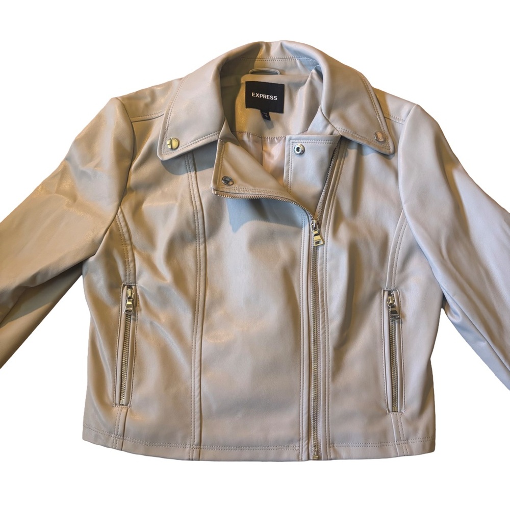 Express Womens Faux Leather Moto Jacket Zipper Pockets Grey Medium